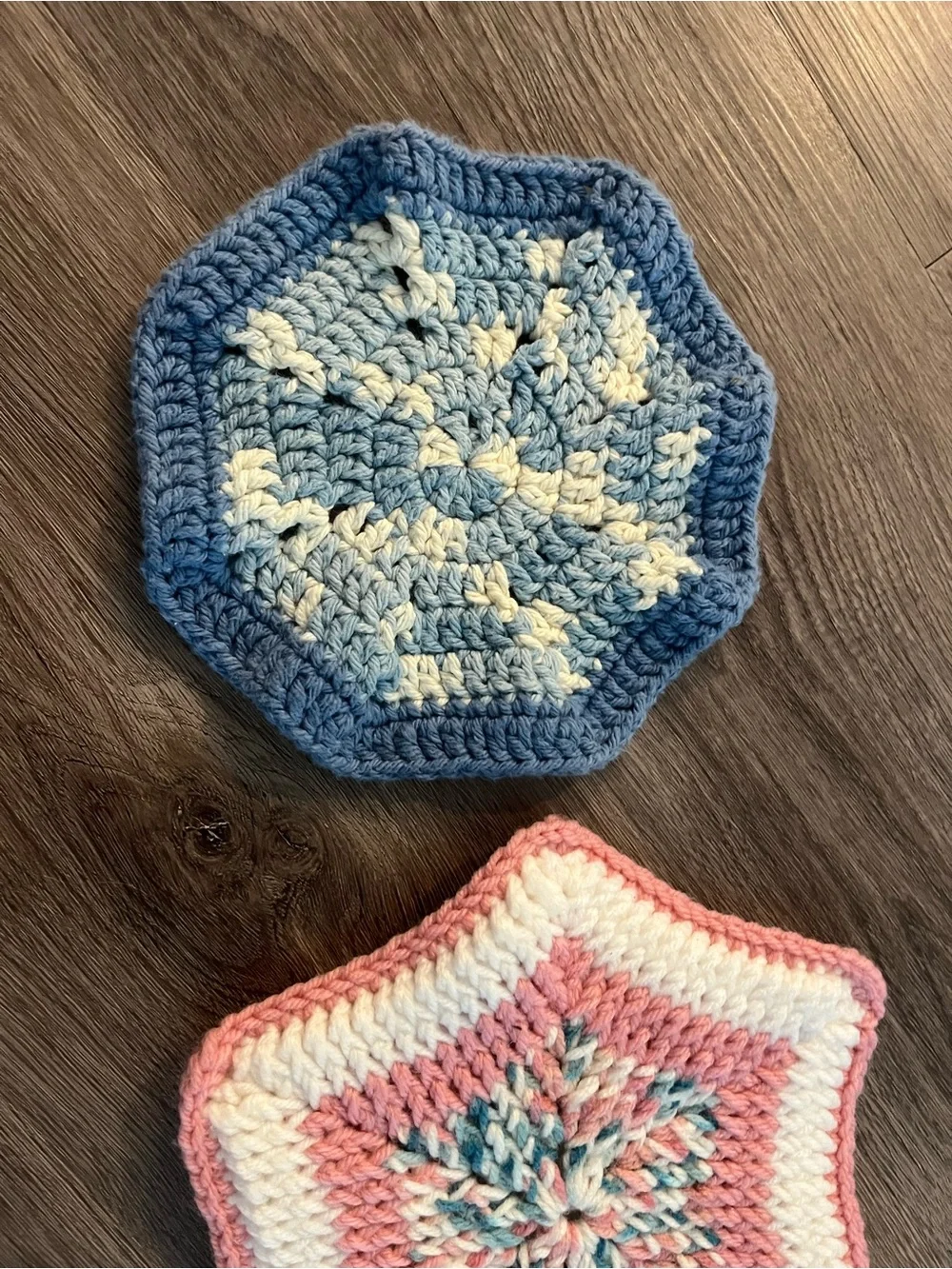 Hand Crocheted Pot Holder/Hot Pad Set – Blue Snowflake & Pink Starburst